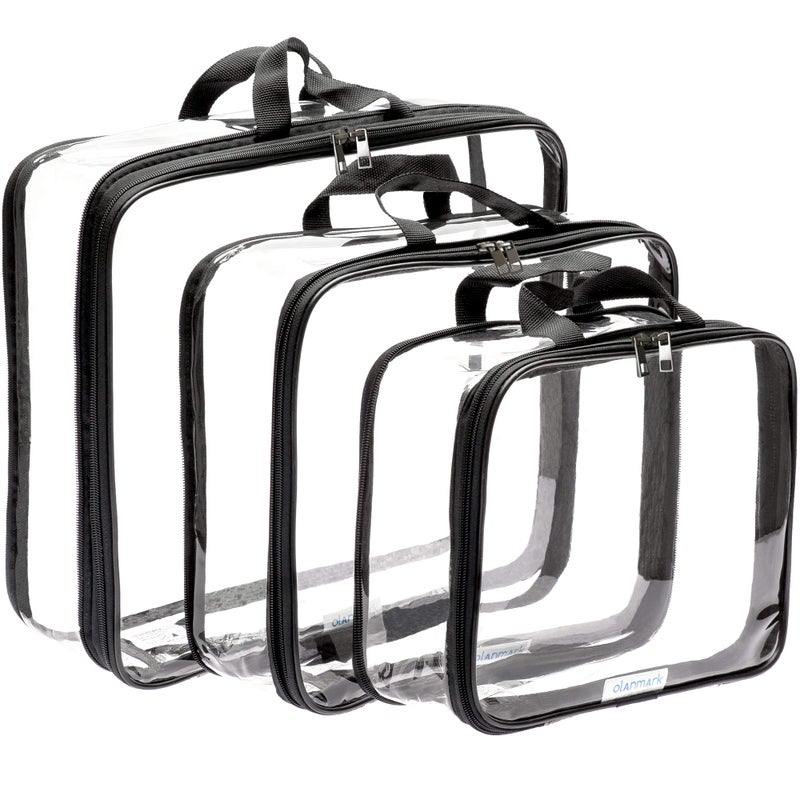 Olanmark Clear Compression Packing Cubes 3 Set - Large See-Through Plastic Suitcase Bags for Travel - Luggage Compressable Organizers - Transparent PVC Collapsible Cosmetic Bag for Backpack Black - Image 1